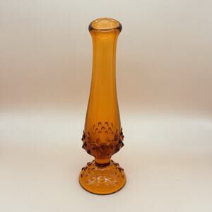Vintage 7.5” Amber Glass Hobnail Swung Stretch Bud Vase Collectible